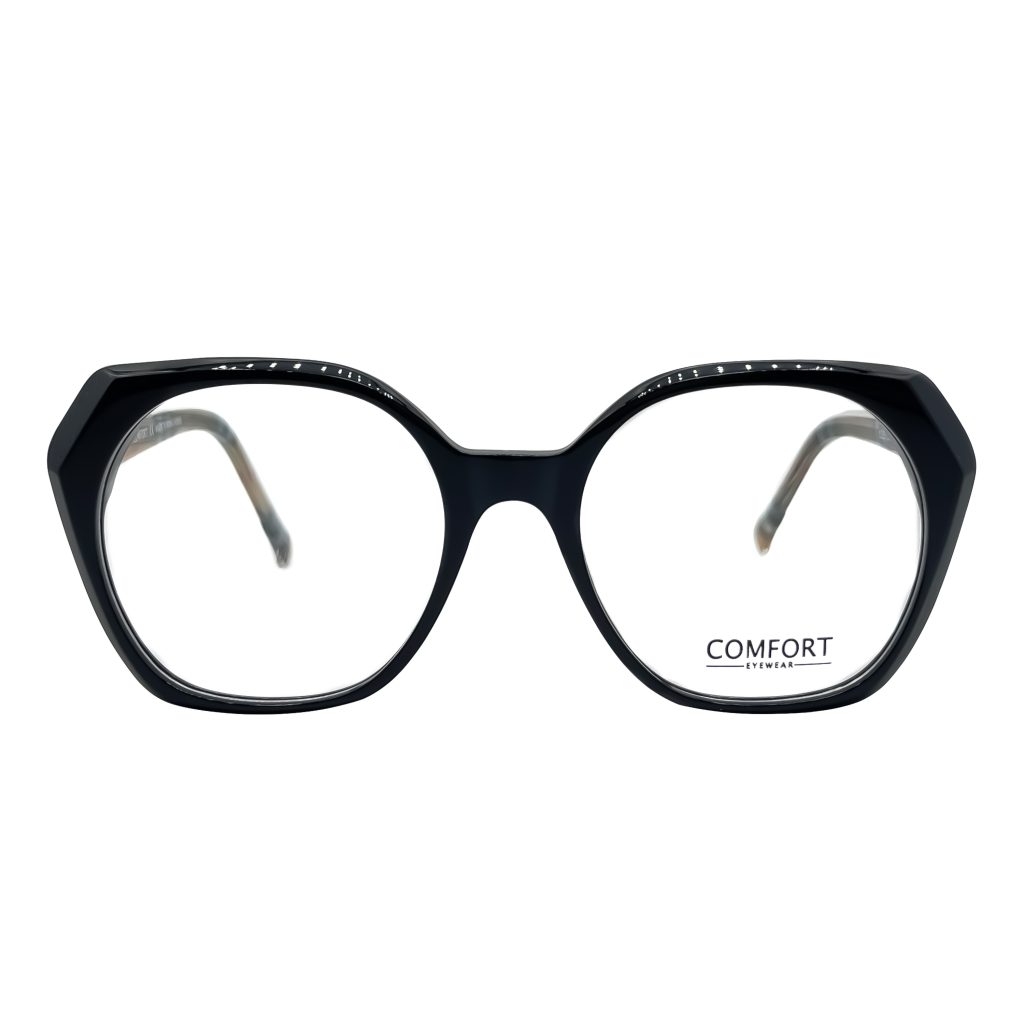 عینک طبی زنانه مشکی کائوچویی کامفورت Comfort مدل 53251LJH چندضلعی