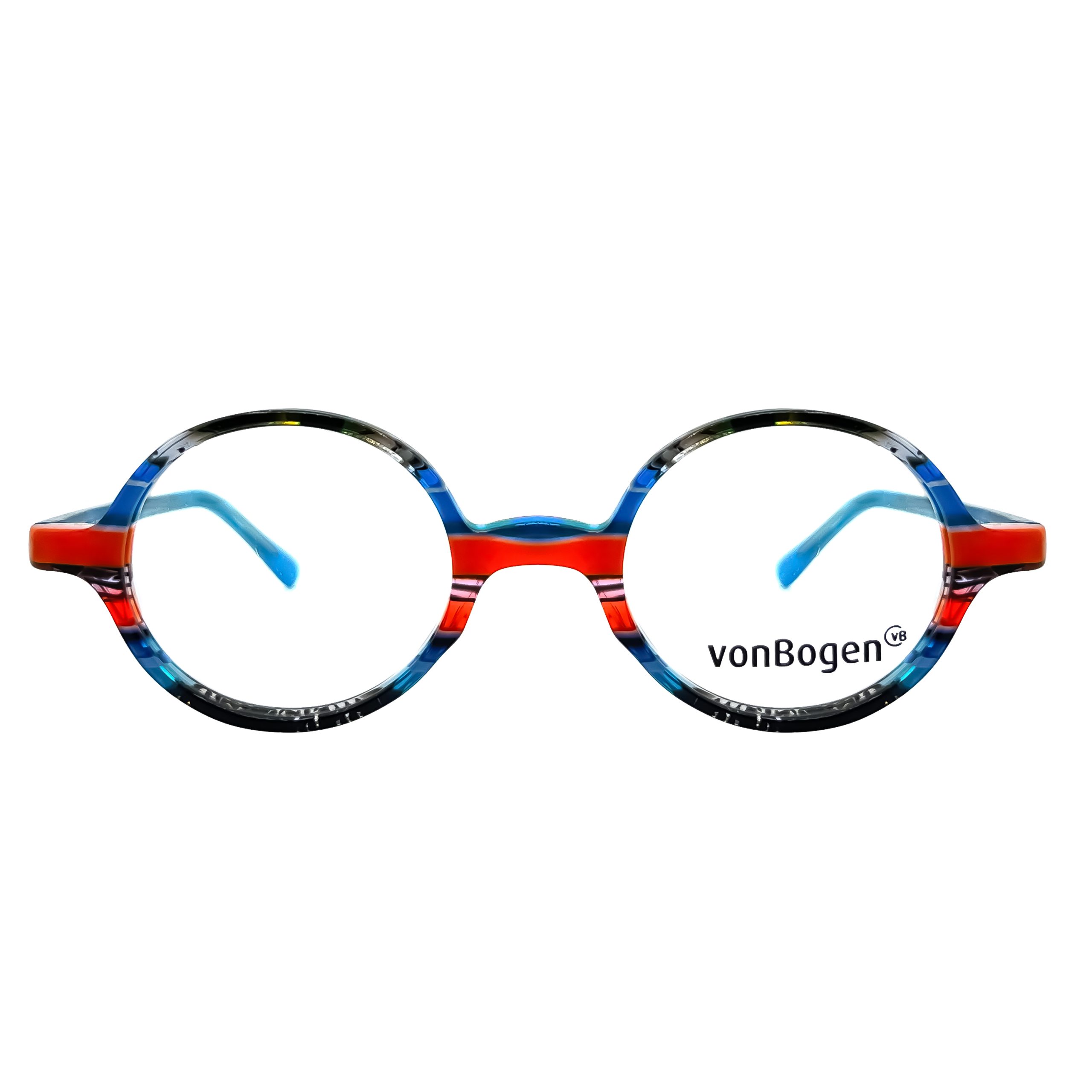 01-VONBOGEN -1385 عینک طبی گرد چندرنگ ونبوگن مدل 1385 با ترکیب رنگ آبی و نارنجی
